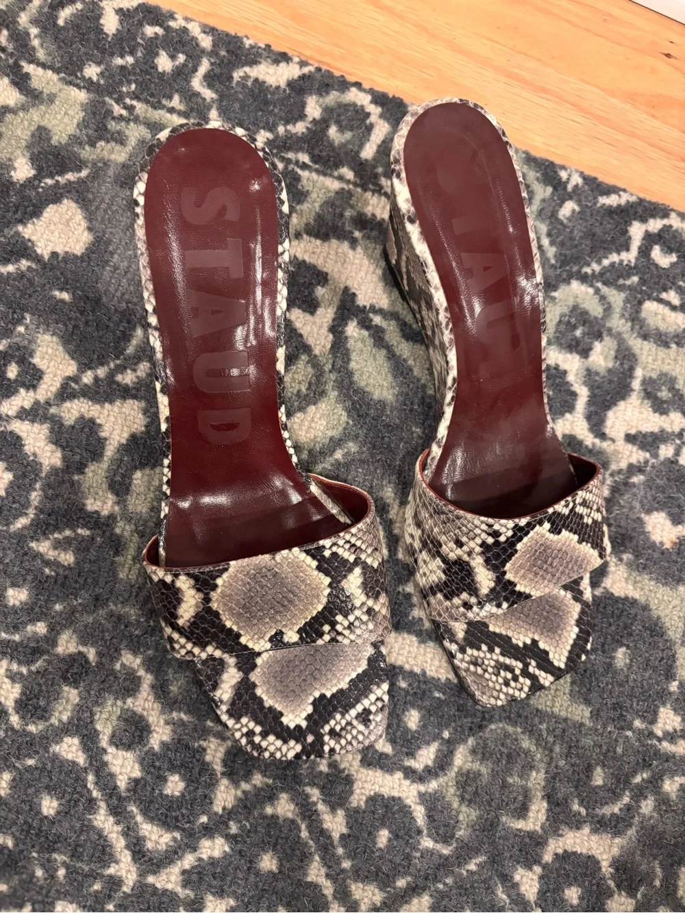 STAUD Billie wedge mules in a snake-embossed leather print size 41.5